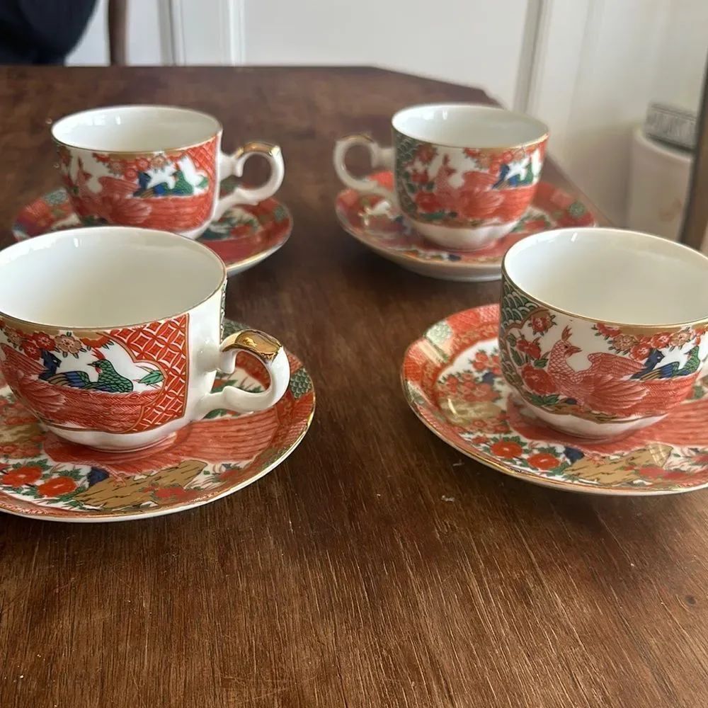 Arita Imari Peacock Tea Cup Saucer SetsโJapan Vintage 1980's